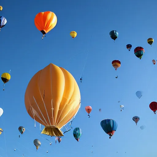 Prompt: floating house lifted in sky by balloons