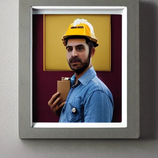 Image similar to an potrait of man with construction hat holding a package, the picture inside a photo frame, oil painting, 4K