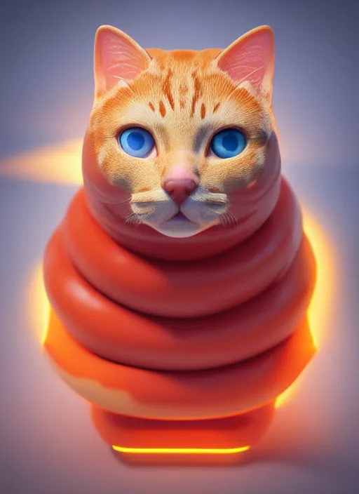 Image similar to plastic cat looking like a hotdog, photorealism, canon r 3, symmetry, octane render, unreal engine, dramatic lights, professional studio photo