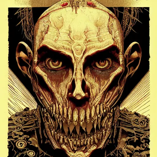 Image similar to vampiric human bloody head, highly detailed and intricate, golden ratio, dark gradient ink with intricate designs, hypermaximalist, elite, horror, creepy, ominous, haunting, majestic, ephemeral detailed art style by Olivier Ledroit and Mike Mignola and cgsociety, Victo Ngai and Artstation trending, art nouveau 8k