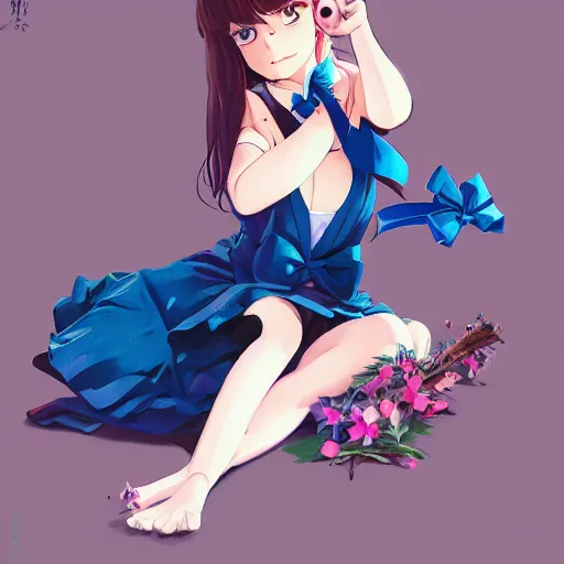 Image similar to colored pencil, anime art, beautiful full body female pinup girl, she is holding an indigo bunting bird, in her hand, the bird is wearing a bowtie, wlop, rossdraws sakimimichan, ilya kuvshinov, krenz cushart, greg rutkowski