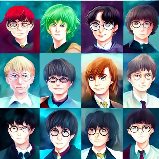 Image similar to portrait of harry potter in anime style, highly detailed, centered, solid color background, digital painting