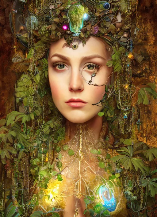 Image similar to oil painting of android woman covered by plants and crystals in the mystical forest, beautiful symmetrical face, renaissance style, wires and cords, golden steampunk, retro futurism, sci - fi, filigree jewellery, baroque, cinematic light, mystical shadows, 8 k