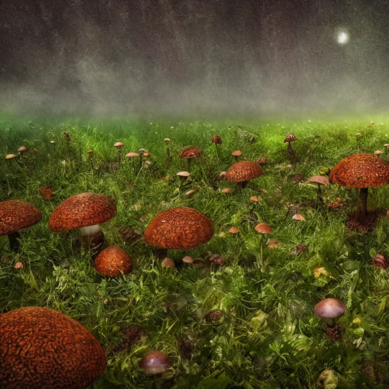 Image similar to a planet of various fungus, mushrooms, flowers and plants, inside the picture is infinity, Atmospheric, artistic photography, conceptual, long exposure outside the city, volumetric light