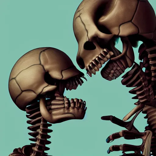 Prompt: A 3d render of two skeletons facing each other by Beeple, Trending on Artstation