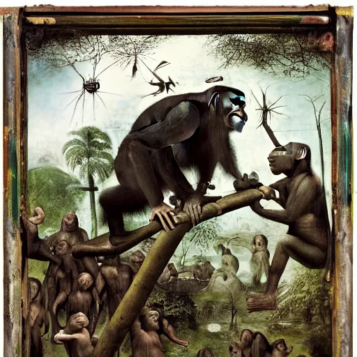 Prompt: colorful chimpanzees playing in a primordial jungle around a tall metal rectangle structure, by hieronymus bosch, joel peter witkin, annie liebovitz, gustave dore, highly detailed, photo realistic, 8 k