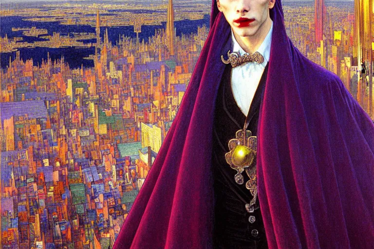 Image similar to realistic extremely detailed closeup portrait painting of an elegant blond male vampire in a cape, detailed crowded crowded futuristic city street on background by Jean Delville, Amano, Yves Tanguy, Ilya Repin, Alphonse Mucha, William Holman Hunt, Ernst Haeckel, Edward Robert Hughes, Roger Dean, rich moody colours