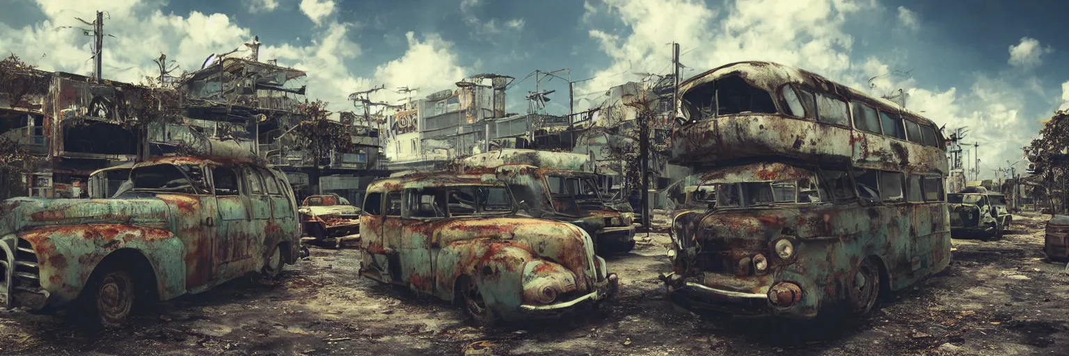 Image similar to fallout 5 : miami, outdoors ruined tropical city, rusted retro futuristic vintage styled parked vehicles like cars, buses, trucks, atmospheric lighting, painted, intricate, volumetric lighting, summer, sunny weather, few clouds, sharp focus, deep colours, ultra detailed, by leesha hannigan, ross tran, thierry doizon, kai carpenter, ignacio fernandez rios