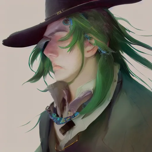 Image similar to a beautiful fullbody portrait of an anime boy with long straight green hair in a western fantasy bard style. character design by cory loftis, fenghua zhong, ryohei hase, ismail inceoglu and ruan jia. artstation, volumetric light, detailed, photorealistic, fantasy, rendered in octane