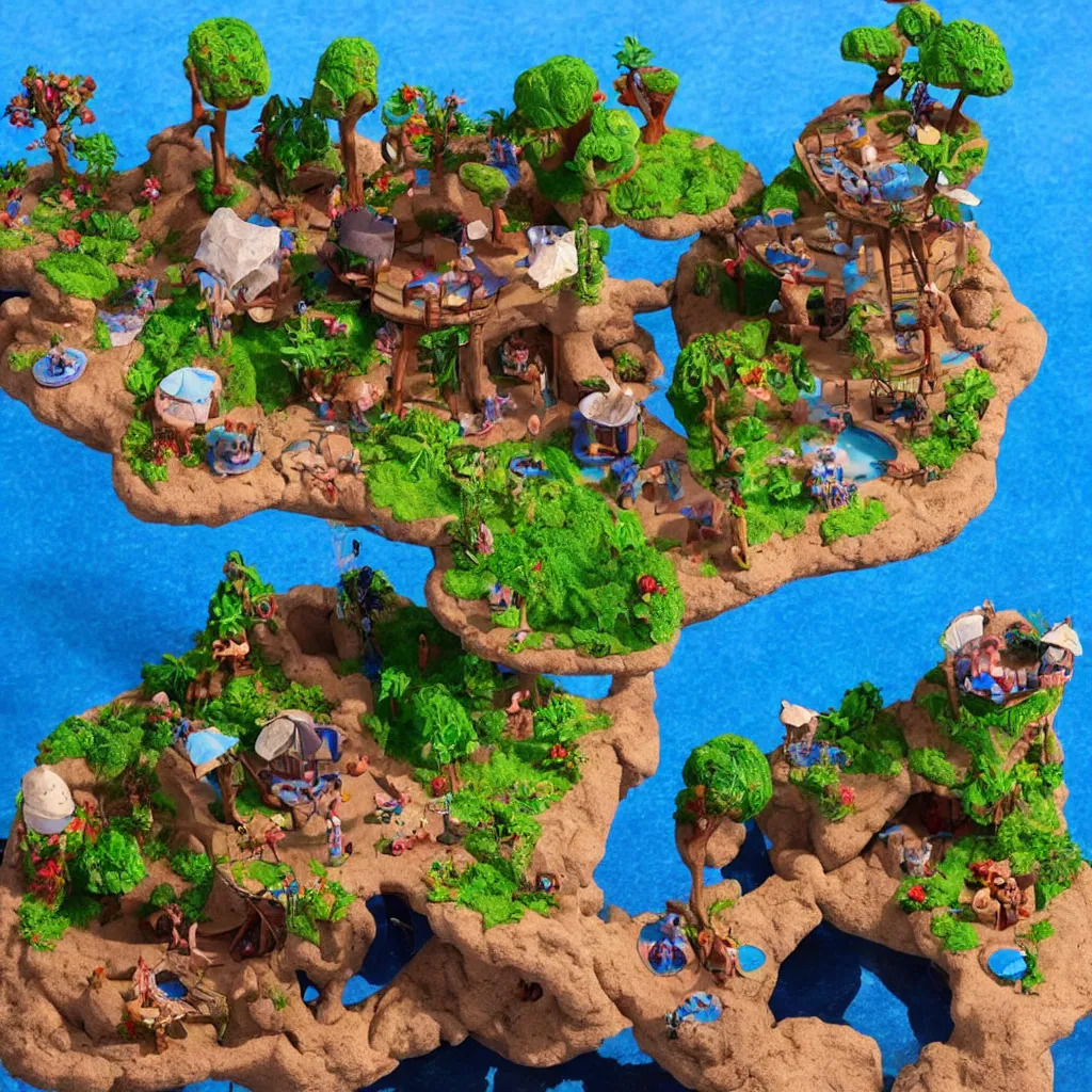 Image similar to claymation island resort, long shot