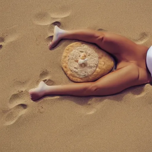 Prompt: a human - shaped biscuit lying on the beach next to the sea, photograph, highly detailed