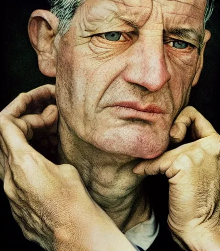 Image similar to a high quality, high detail, photorealistic portrait by james nachtwey and lucian freud, intensly emotional