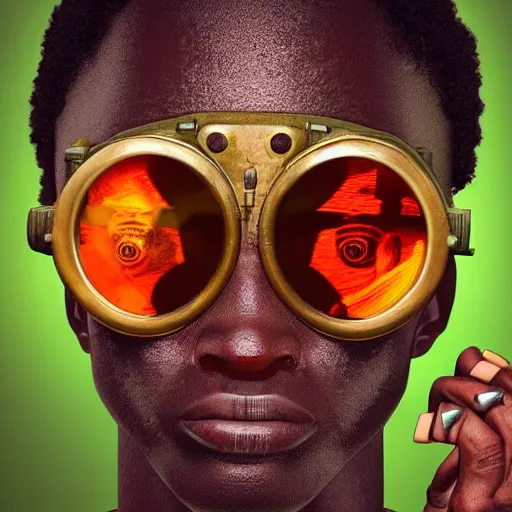 Prompt: colourful vfx portrait - art of a nigerian boy wearing steam punk goggles, art by utagawa kunisada & james jean, digital illustration, digital render, volumetric light, ray tracing, symmetrical, unreal engine, octane 3 d render, sharp, detailed, highly detailed, intricate detail, pinterest, behance, art station,