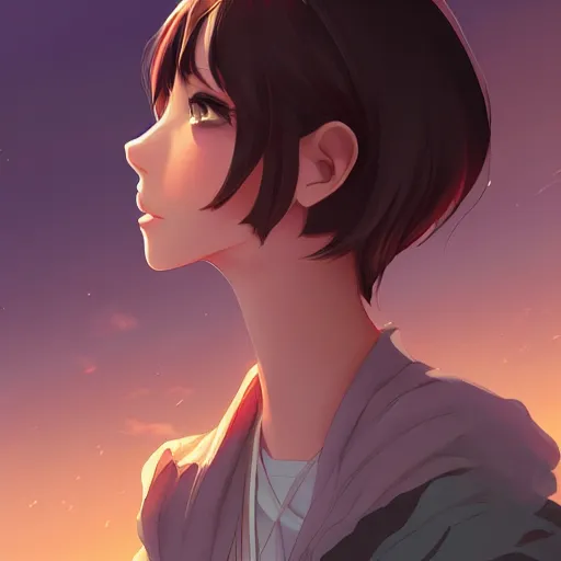 Image similar to a beautiful woman with a hime haircut, dark brown hair and tan skin, dark brown eyes, city landscape, 4k, anime key visual, lois van baarle, ilya kuvshinov, rossdraws, artstation