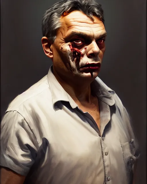 Image similar to medium - shot oil portrait of a zombie played by viktor orban, artstation, highly detailed digital painting, smooth, global illumination, fantasy art by greg rutkowsky, karl spitzweg, leyendecker