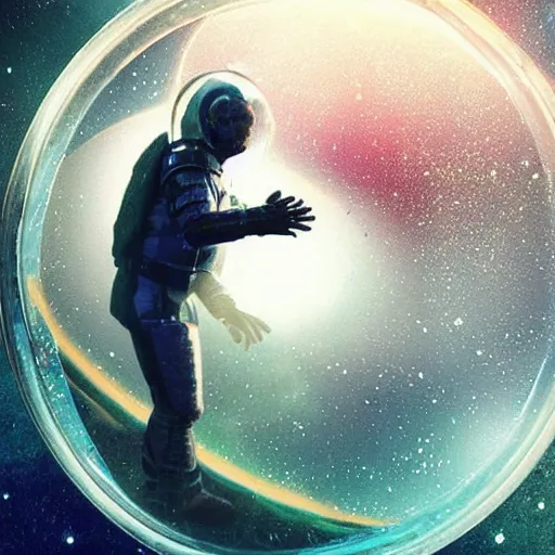 Image similar to ”ancient astronaut in a bubble floating into a mysterious vortex in a strange galaxy, [epic, aweinspiring, otherwordly, detailed, realistic]”