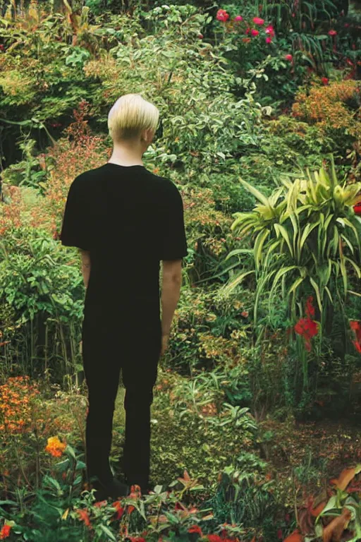 Image similar to kodak color plus 2 0 0 photograph of a skinny goth guy short blonde hair looking at beautiful exotic garden scenery, back view, vaporwave colors, grain, moody lighting, moody aesthetic,