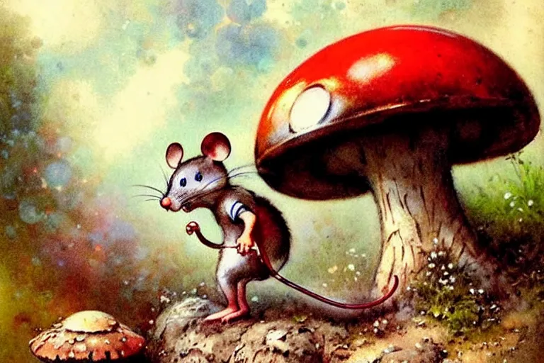Image similar to adventurer ( ( ( ( ( 1 9 5 0 s retro future mouse in forrest of giant mushrooms. muted colors. ) ) ) ) ) by jean baptiste monge!!!!!!!!!!!!!!!!!!!!!!!!! chrome red