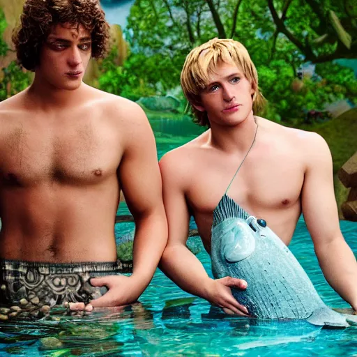 Image similar to brokeback fountain, a film about a young mermaid's coming of age story, young adult, lost city of atlantis, adventurous, promotional images, hyperrealistic, high-res,