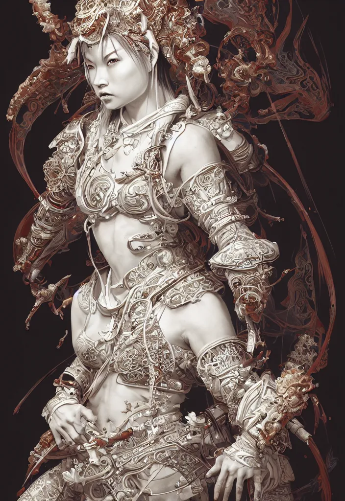 Image similar to subsurface scattering, white, koi, female samurai deity with filigree ivory armor, by jesper ejsing, james jean, justin gerard, tomasz alen kopera, cgsociety and fenghua zhong, highly detailed, rim light, cinematic lighting, illustration, art, octane render, very coherent, cinematic, hyper realism, high detail, 8 k