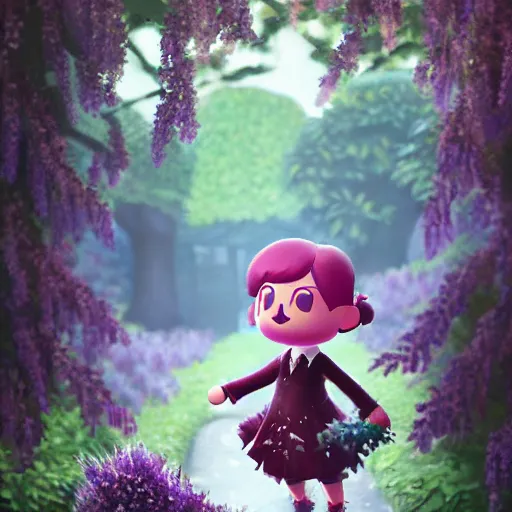 Image similar to animal crossing skye under Wisteria, floral explosion, radiant light, vortex of plum petals, oil painting, Tooth Wu, Greg Rutkowski, RPG portrait, dynamic lighting, fantasy art, High contrast, depth of field