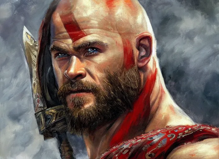 Prompt: a highly detailed beautiful portrait of chris hemsworth as kratos, by gregory manchess, james gurney, james jean