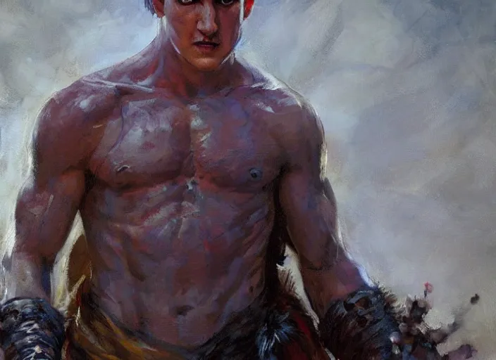 Prompt: a highly detailed beautiful portrait of miles teller as kratos, by gregory manchess, james gurney, james jean