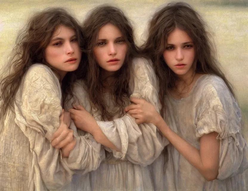 Prompt: beautiful peasant sisters with long hair, cottage core, cinematic focus, polaroid photo bleached vintage pastel colors high - key lighting, soft light, foggy, by steve hanks, by lisa yuskavage, by serov valentin, by tarkovsky, 8 k render, detailed, oil on canvas