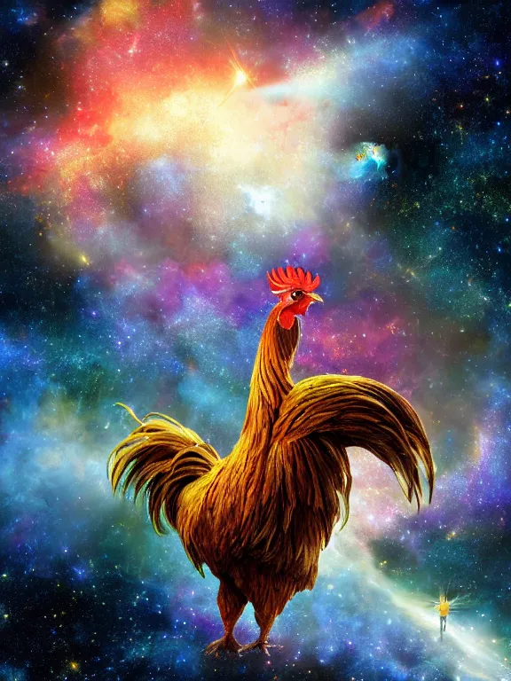 Image similar to a lone giant rooster, centered, floating in space, center of the universe, \ galaxy cosmic nebula, epic, volumetric light, hyperrealistic, glitter, mega detailed, beautiful composition, beautiful lighting, unreal render, 4 k, vincent di fate, john berkey, michael whelan