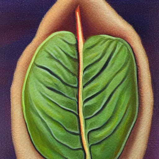 Image similar to detailed painting of a single small seed sitting on loose fresh earth, breaking open to reveal the cotyledon. muted colors and natural tones.