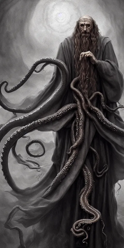 Image similar to a wizard that is slowly transforming into a tentacle monster, matte oil painting, by leonardo da vinci, concept art, d & d, robes, fantasy, fog, sharp focus, eldritch, award - winning, extremely detailed, 4 k, 8 k