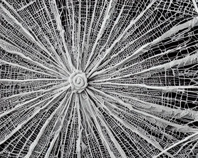 Prompt: extreme close up of a retina, made of intricate decorative lace leaf skeleton, in the style of the dutch masters and gregory crewdson, dark and moody