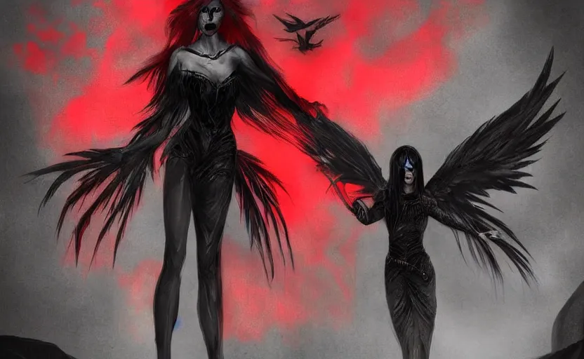 Image similar to Female dark angel in gothic red and black dress, their black wings are extended. She is in the bioluminescent forest. Horror scene, highly detailded. Cinematic fantasy concept art