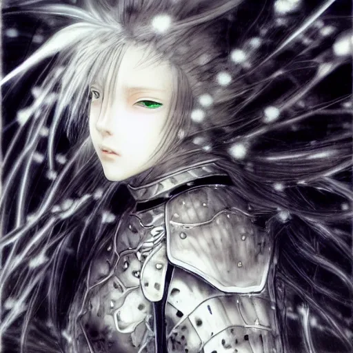 Image similar to yoshitaka amano blurred and dreamy realistic illustration of an anime girl with wavy white hair and cracks on her face wearing elden ring armour with the cape fluttering in the wind, abstract black and white patterns on the background, noisy film grain effect, highly detailed, renaissance oil painting, weird portrait angle