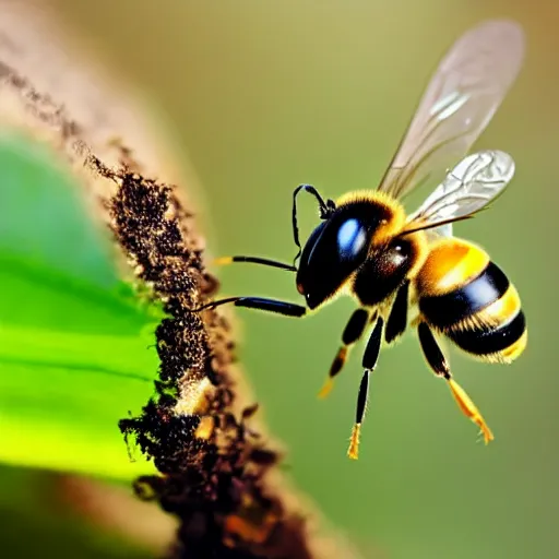 Prompt: award winning photography of a bee fighting with an ant over a water dropplet macro lenses 4k