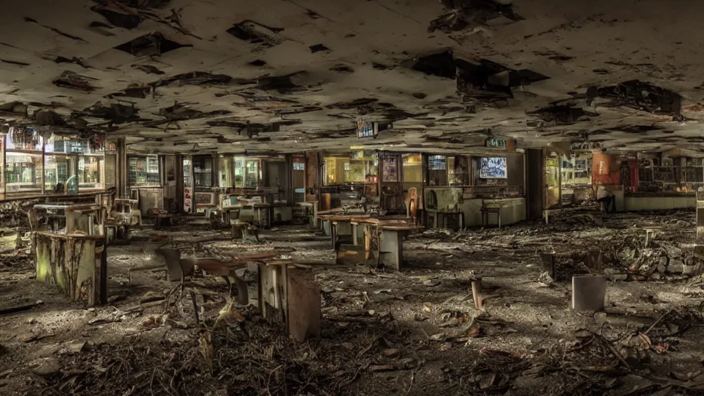 Image similar to forestpunk unfettered afterlife abandoned fastfood restaurant, postapocalypse, cinematic