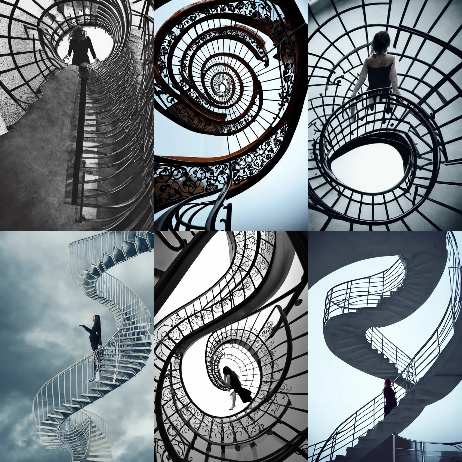 Prompt: woman walking up an infinity spiral staircase, ethereal, cloudy