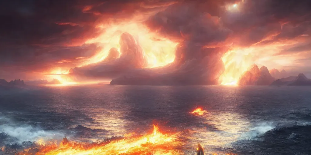 Image similar to matte painting,Epic scene, Fire Phoenix,sea,cloud,by greg rutkowski and Richard Lay,in volumetric lighting, Trending on artstation,HD