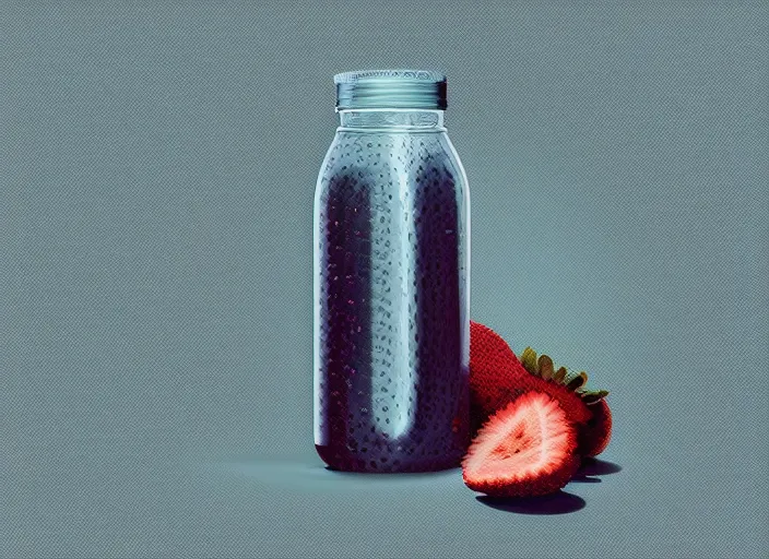 Image similar to ( ( dithered ) ), editorial illustration strawberries blueberries sliced kiwi sliced lemon inside a clear drinking bottle, isometric, modern art deco, mads berg, karolis strautniekas, christopher balaskas, stippled light, fog, fine texture, dynamic composition, matte print, unreal engine