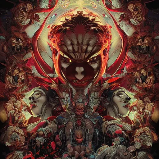 Image similar to 🚷🔞☦✝👺🤡, rotary symmetrical, dynamic lighting, darker intense, detailed, by bambang nurdianshyah, garis edelweiss, roby dwi antono and dan mumford, ayami kojima, takato yamamoto, barclay shaw, karol bak, yukito kishiro, norman rockwell