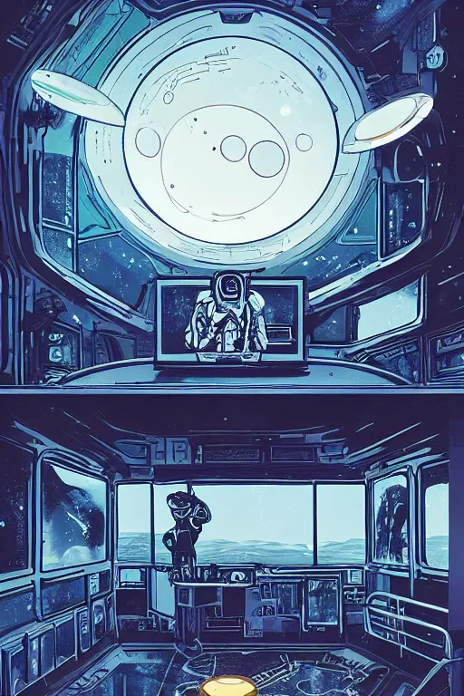 Image similar to Inside a room alien spaceship with large window that provide a scenic view of a huge planet can be seen in the background, Highly detailed labeled, poster, aesthetic, haeccety by Feng Zhu and Loish and Laurie Greasley