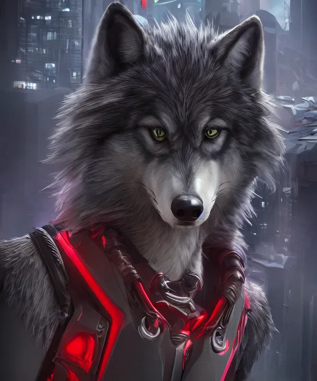 Image similar to portrait of a male anthropomorphic dark gray wolf with red hair in a futuristic city, hyper detailed, digital art, trending in artstation, cinematic lighting, studio quality, smooth render, unreal engine 5 rendered, octane rendered, art style by pixar dreamworks warner bros disney riot games and overwatch.