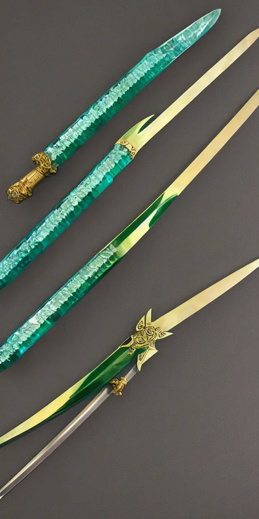 Image similar to photograph of a wide green and teal crystal sword blade attached to a big gold sword hilt