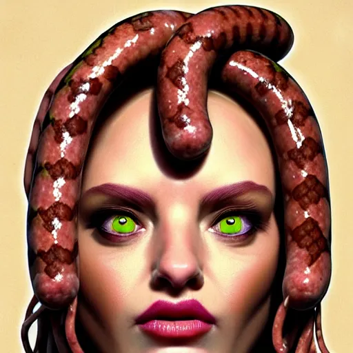 Image similar to medusa with sausages instead of snakes, sausage hair, photorealistic, illustration, intricate details, masterpiece, digital art, trending on artstation