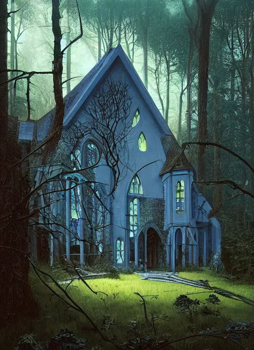 Image similar to hyper realistic witchy modern gothic house with mood lighting and tech in the woods gorgeous lighting, sunbeams blue sky, highly detailed, lush forest foliage painting by zdzisław beksinski and norman rockwell and greg rutkowski weta studio, and lucasfilm