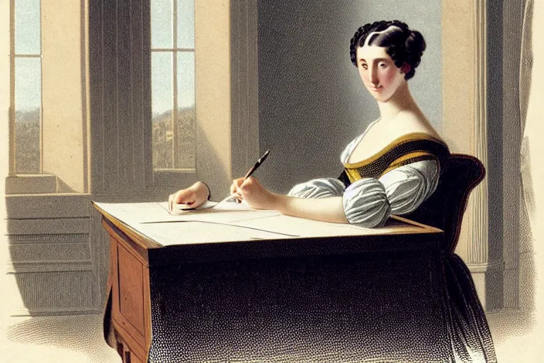 Image similar to 1 8 1 0 s lady writing at her desk in formless dress by vittorio reggianini, georgian dress, directoire style, regency, empire silhouette, bright lighting, perfectly detailed eyes, beautiful hands, pale skin, clear face