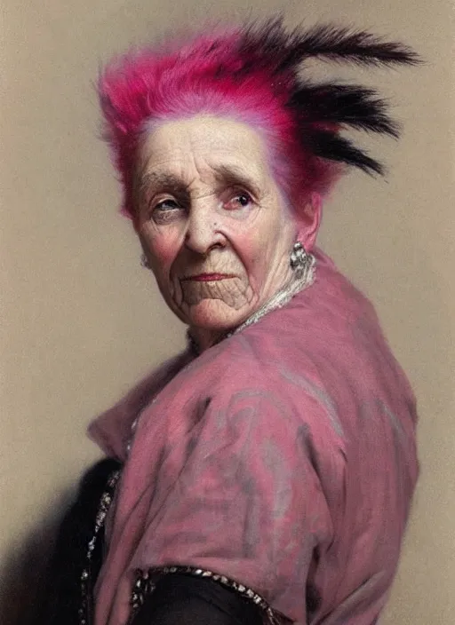 Image similar to a detailed portrait of old woman with a mohawk by edouard bisson, year, 1 9 0 0, pink hair, punk rock, oil painting, muted colours, soft lighting