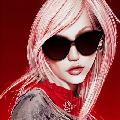 Prompt: blonde gyaru fancy sunglasses, red and white neon, concept art, intricate details, highly professionally detailed, cgsociety, highly detailed -