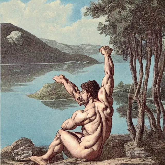 Prompt: muscular greek god sitting by a lake, vintage illustration