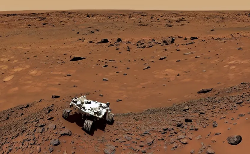 Image similar to on mars, three eyed Martians are hiding behind rocks while a nasa rover rolls around in the style of James Gurney